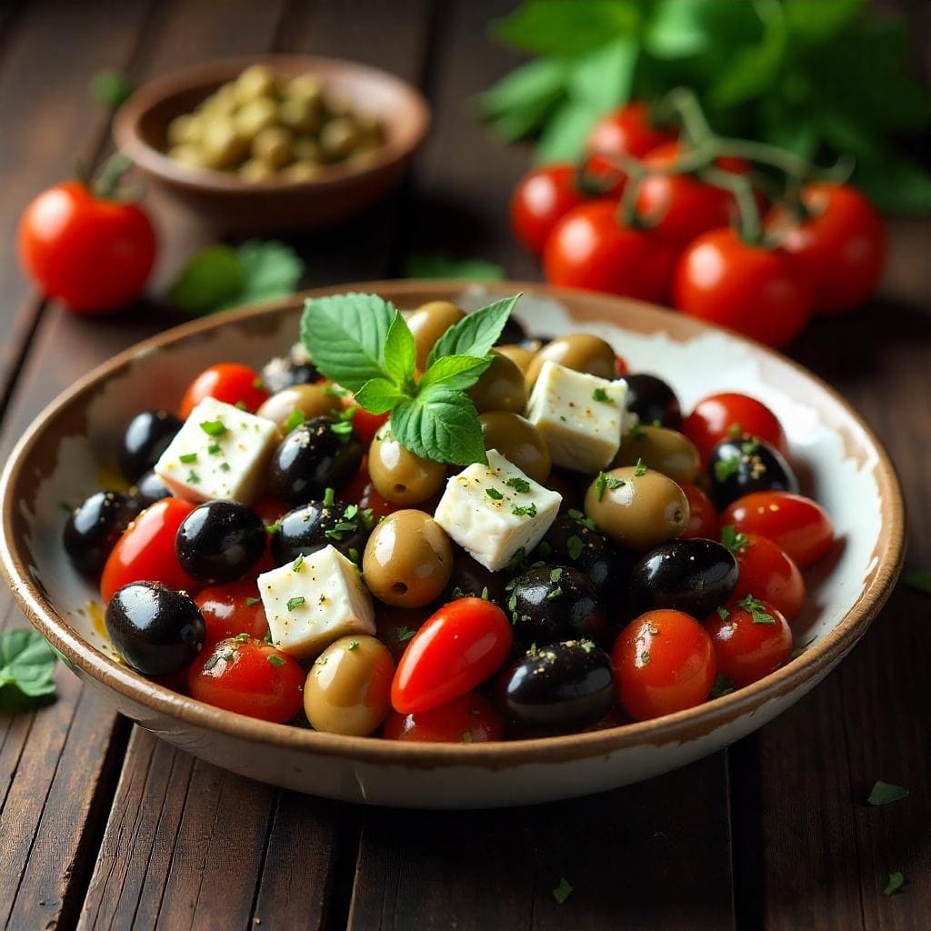 A traditional Greek dish featuring Kalamata olives, feta cheese, tomatoes, and herbs, beautifully arranged on a rustic wooden table.